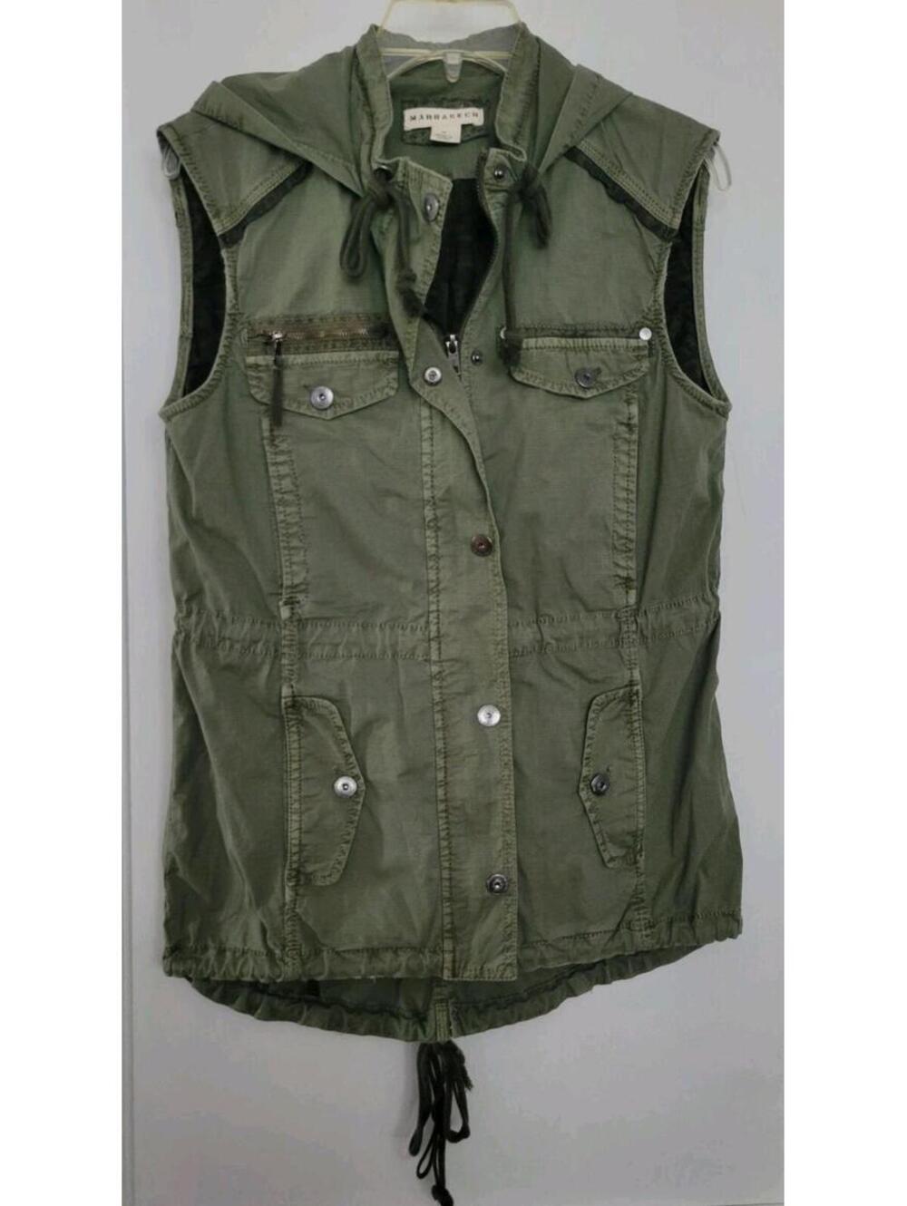 Marrakech Olive Green Utility Hooded Vest Women’s Medium Cargo Zip Up Jacket